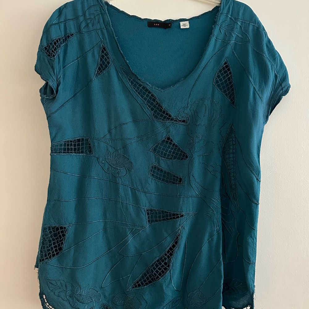Lux Green and Blue Asymmetrical T-Shirt with Cut Out